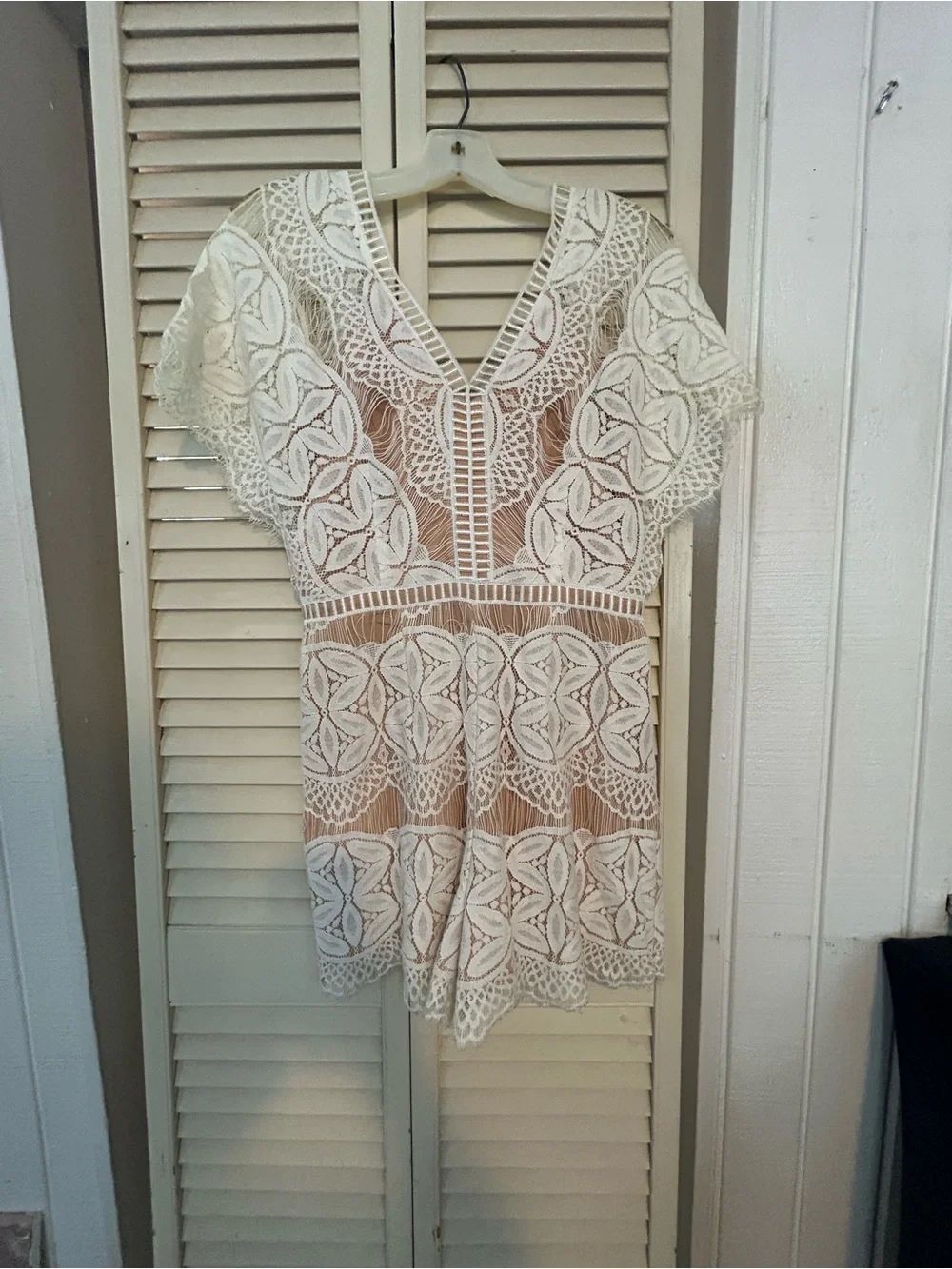 White Lace V-Neck Crochet one piece Romper shorts